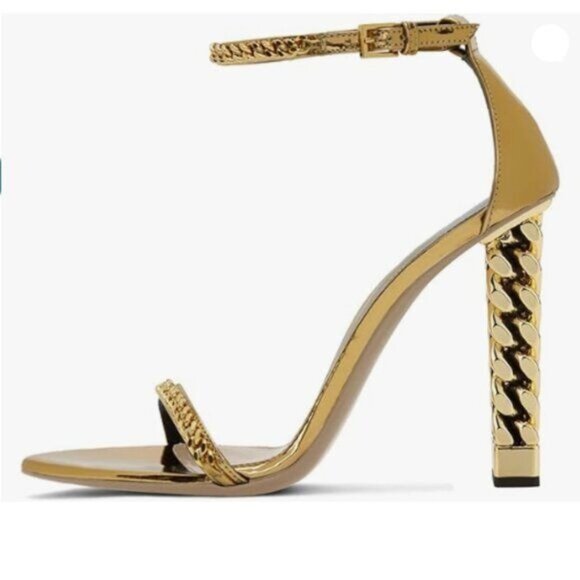 FYS Women Open Toe Ankle Strap Sandals Gold Metal Chain Chunky High Heels Gold - Picture 1 of 8